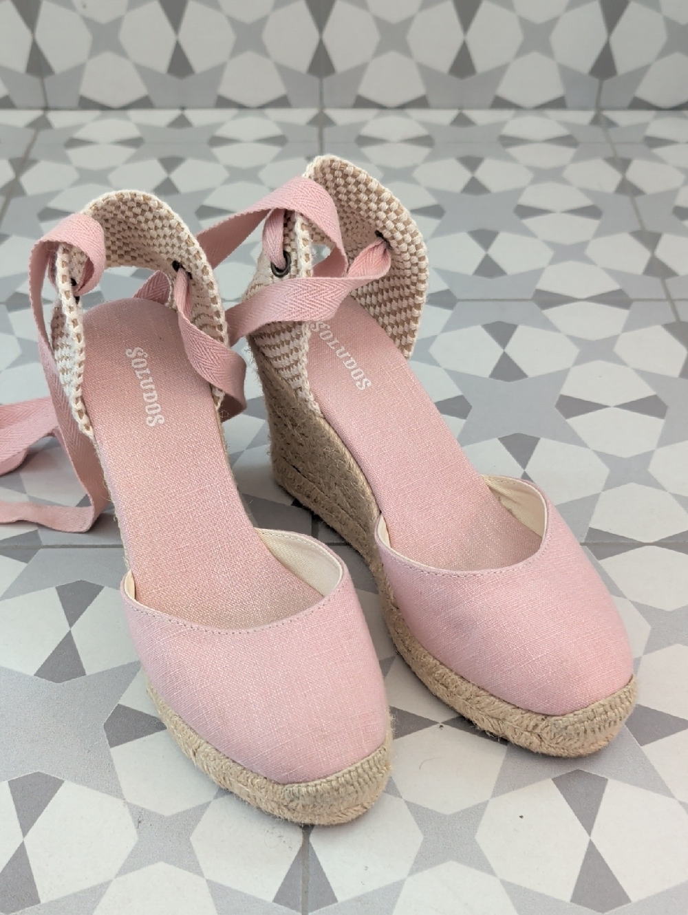 Soludos Blush Pink Espadrille Wedge Sandals with Ankle Wrap